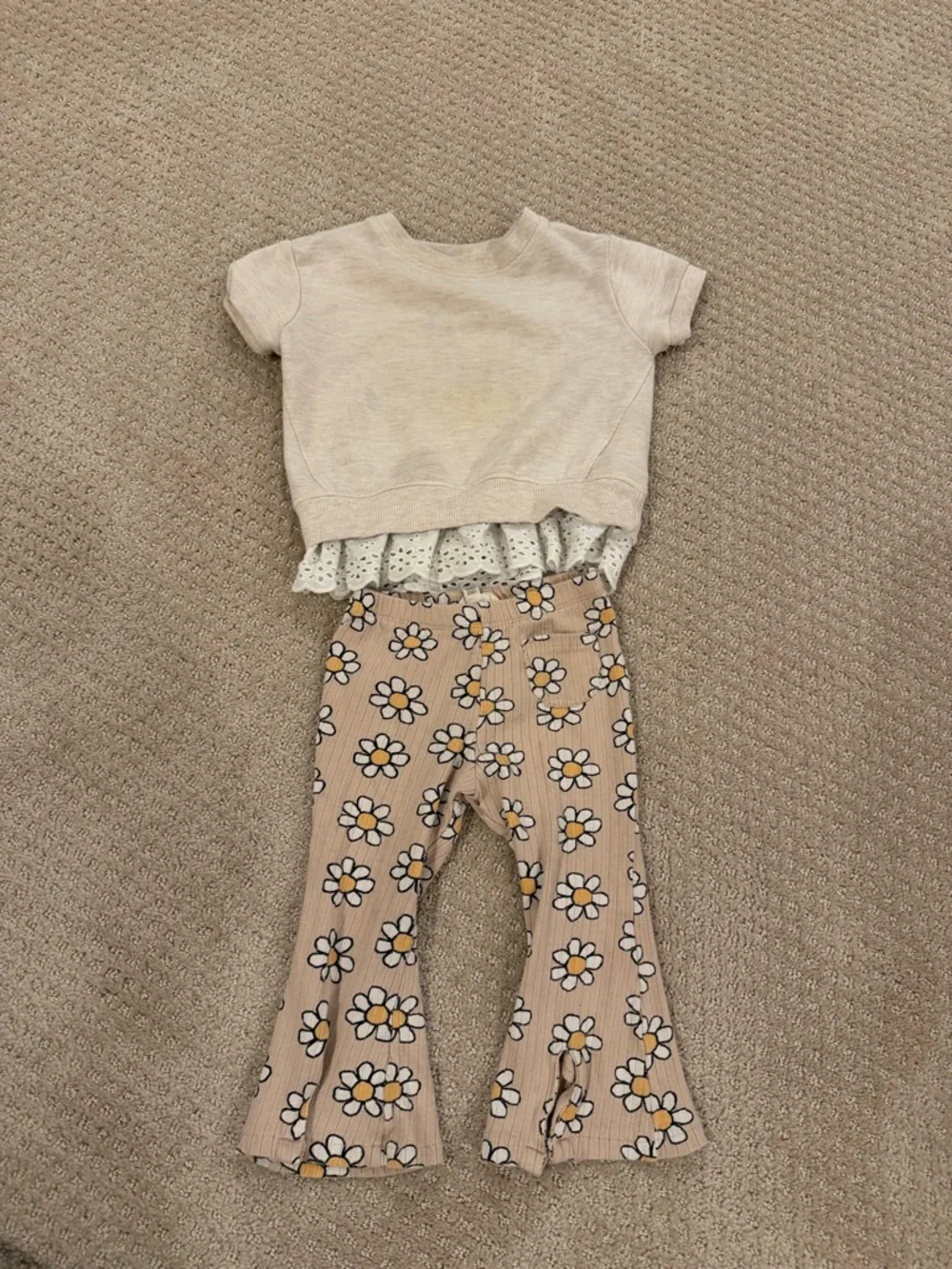 Jessica Simpson Cream Eyelet Top & Beige Floral Bell-Bottoms Kids Set